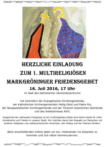 Herzliche Einladung zum multireligiösen Friedensgebet am 16. Juli
